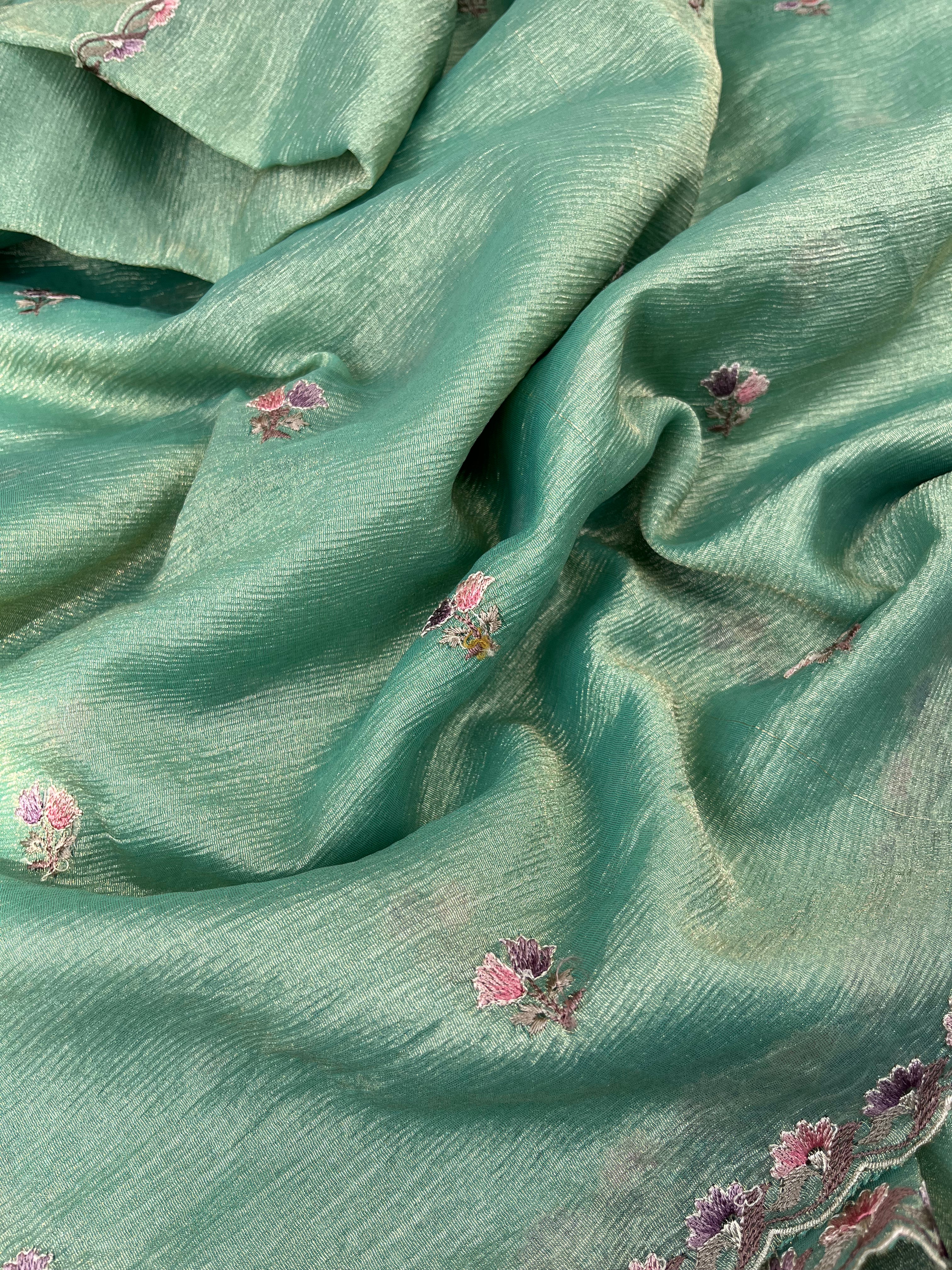 Turquoise Blue Floral Crushed Tissue Organza Saree